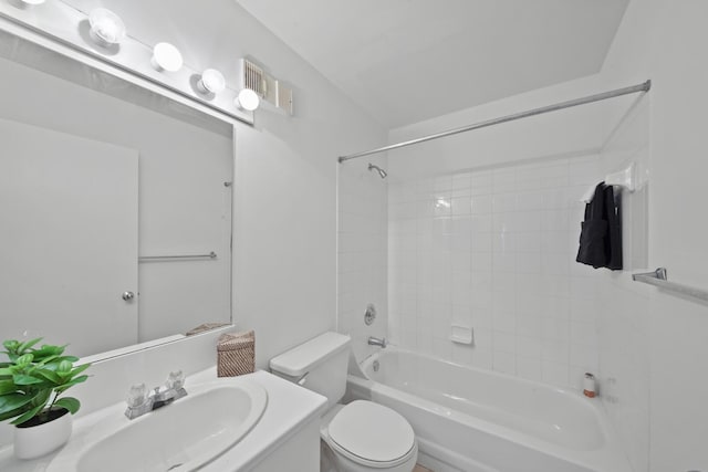 bathroom with shower / bathing tub combination, visible vents, toilet, and vanity