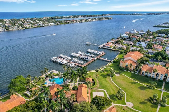 aerial view featuring a residential view and a water view