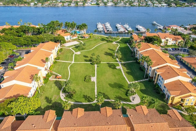 aerial view with a residential view and a water view