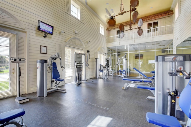 gym featuring a wealth of natural light and a towering ceiling