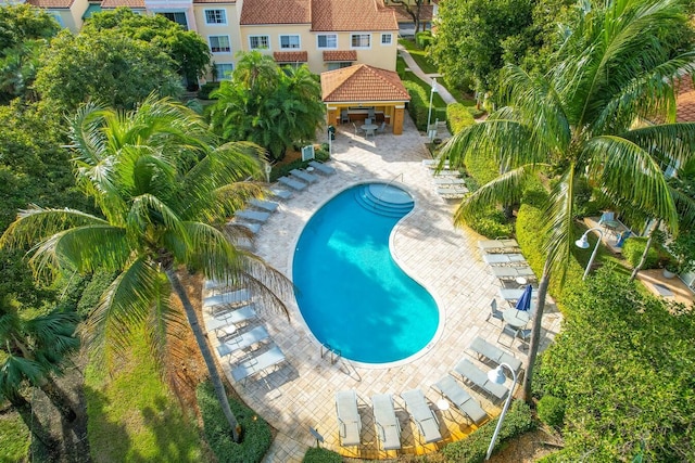 view of swimming pool with a patio and a gazebo