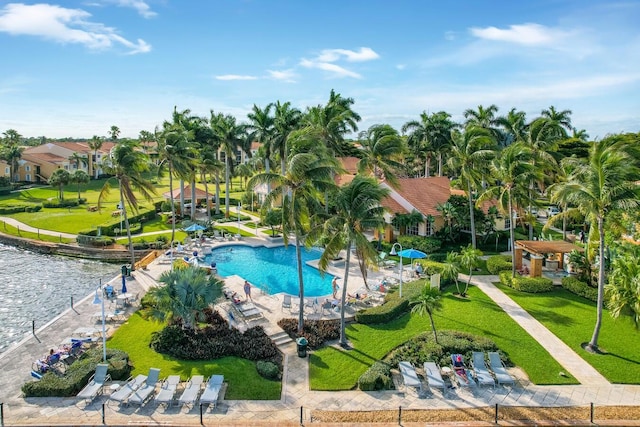 view of pool with a patio and a yard