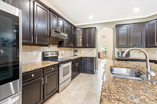 kitchen featuring sink, ornamental molding, stone countertops, dark brown cabinets, and appliances with stainless steel finishes