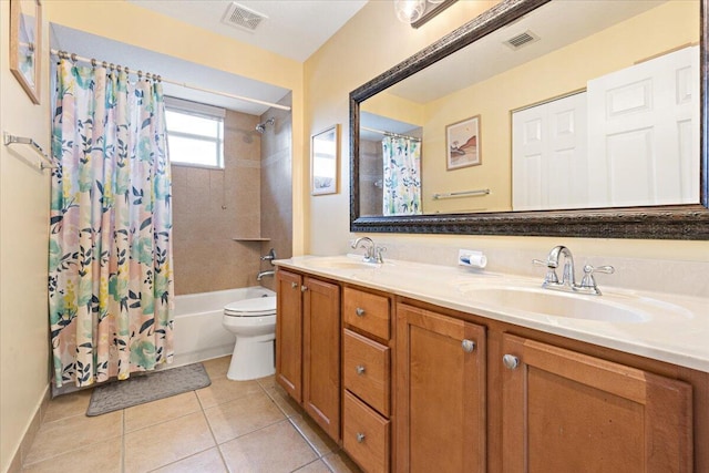 full bathroom with toilet, tile patterned flooring, shower / tub combo, and vanity