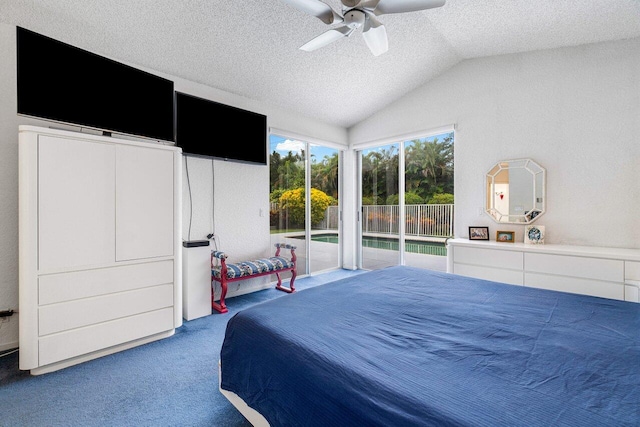 carpeted bedroom with vaulted ceiling, a textured ceiling, ceiling fan, and access to outside