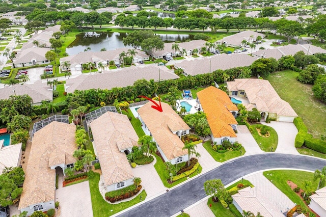 aerial view featuring a water view