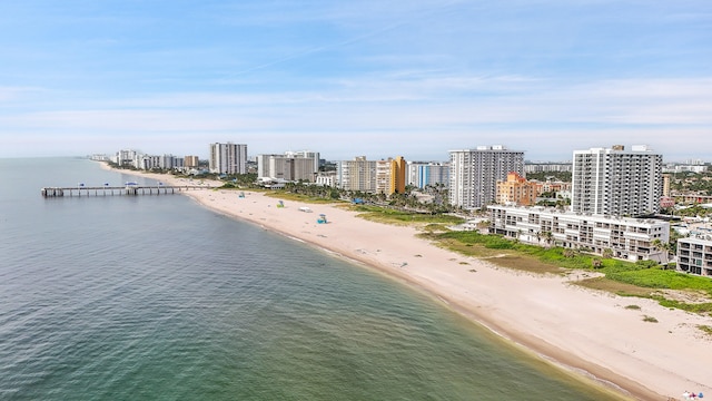 bird's eye view featuring a water view and a view of the beach