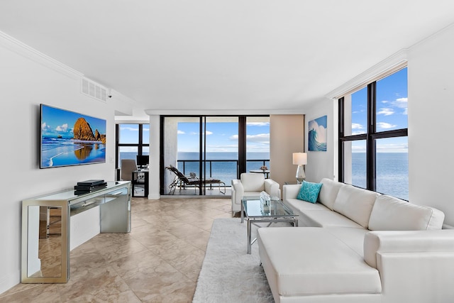 living room featuring plenty of natural light, expansive windows, and ornamental molding