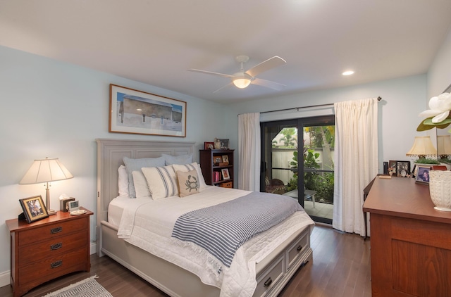 bedroom with access to exterior, dark hardwood / wood-style floors, and ceiling fan