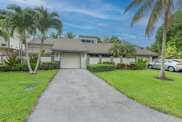 single story home with a garage and a front yard