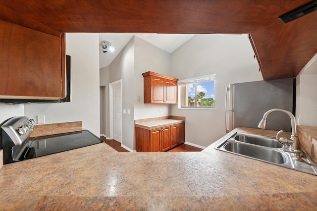 kitchen with stainless steel appliances, lofted ceiling, dark hardwood / wood-style floors, and sink