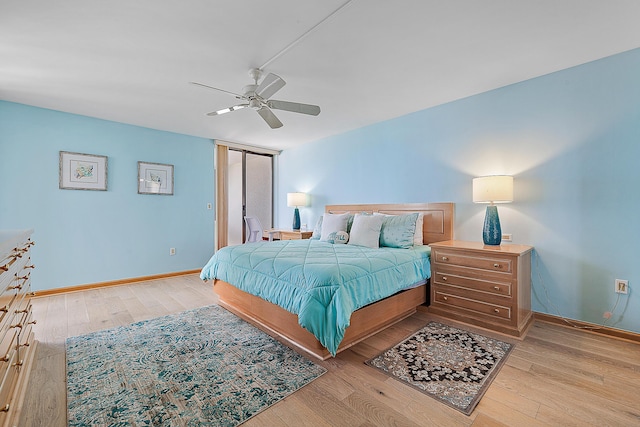 bedroom featuring ceiling fan and light hardwood / wood-style floors