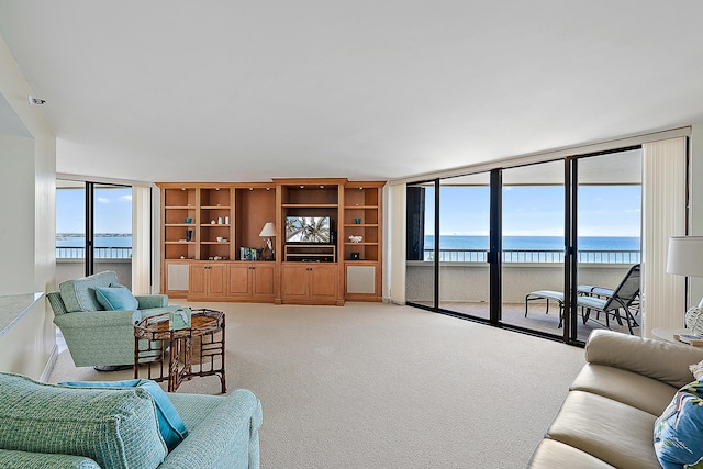 living room with carpet floors and floor to ceiling windows