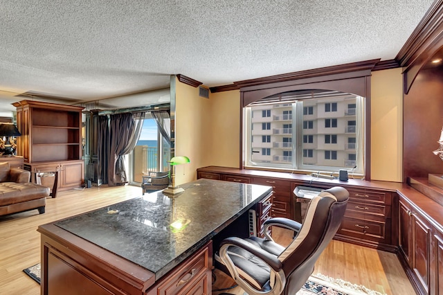 office area with crown molding, light hardwood / wood-style flooring, and a textured ceiling