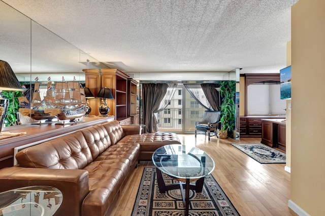 living room featuring light hardwood / wood-style floors and a textured ceiling