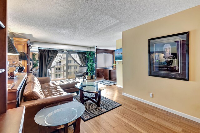 living room featuring light hardwood / wood-style flooring and a textured ceiling