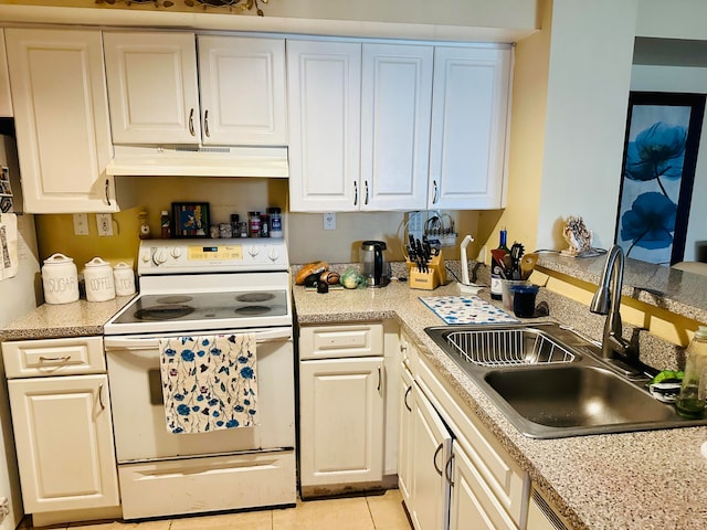 kitchen featuring white cabinetry, sink, custom range hood, white electric stove, and light tile patterned floors