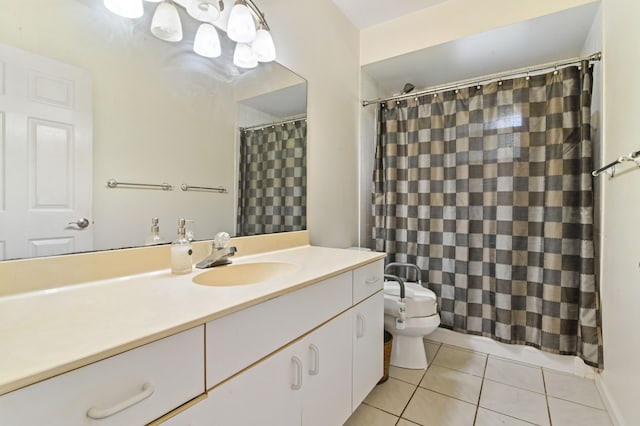 bathroom featuring vanity, curtained shower, toilet, and tile patterned flooring