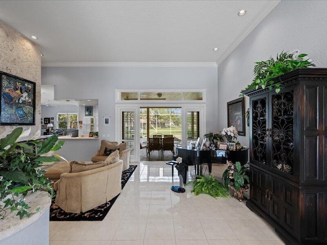 tiled living room featuring ornamental molding