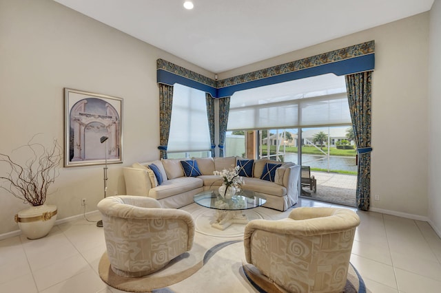 living room with light tile patterned flooring