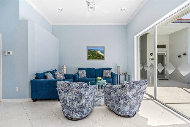 living room featuring tile patterned flooring and ornamental molding