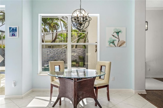 dining space featuring light tile patterned floors and a chandelier