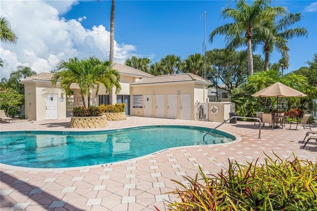 view of swimming pool with a patio area