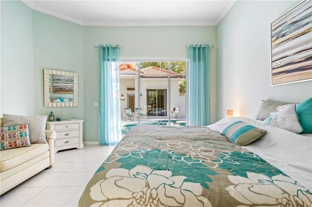 tiled bedroom featuring access to exterior and ornamental molding