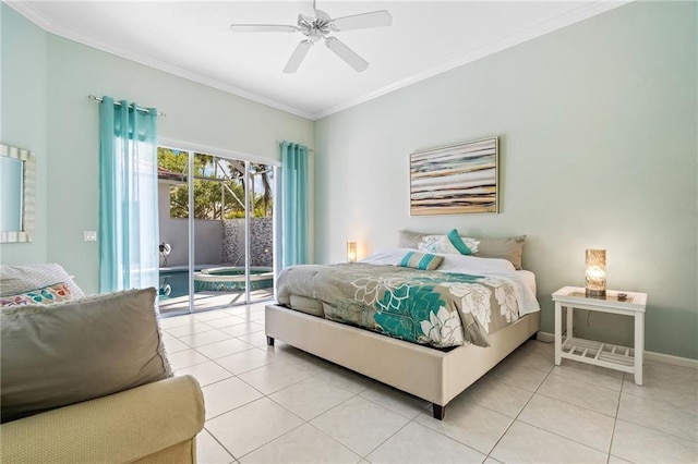 bedroom with ceiling fan, light tile patterned floors, ornamental molding, and access to exterior