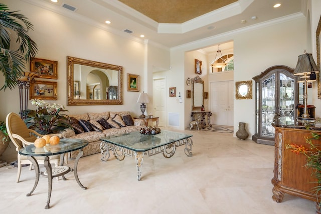 11420 Ohanu Cir, Boynton Beach, FL 33437 - living area featuring a towering ceiling, ornamental molding, recessed lighting, and a raised ceiling