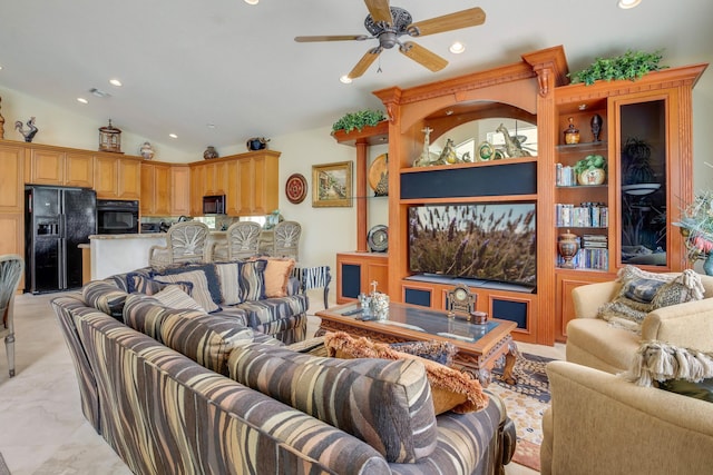 11420 Ohanu Cir, Boynton Beach, FL 33437 - living room with recessed lighting, a ceiling fan, and vaulted ceiling