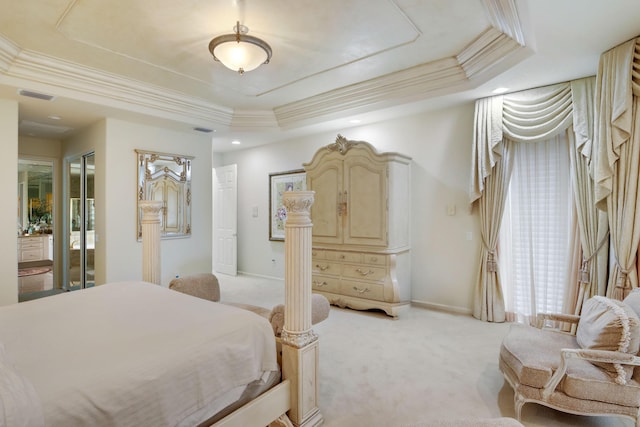 bedroom with a raised ceiling, ornamental molding, and light carpet