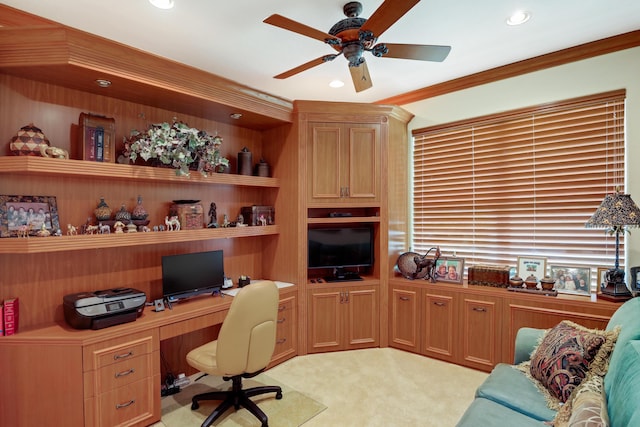 carpeted office featuring ornamental molding