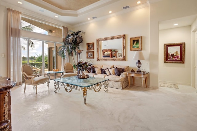 11420 Ohanu Cir, Boynton Beach, FL 33437 - living area featuring ornamental molding, a towering ceiling, recessed lighting, and a tray ceiling