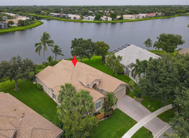 aerial view featuring a water view