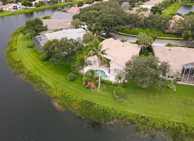 drone / aerial view featuring a water view