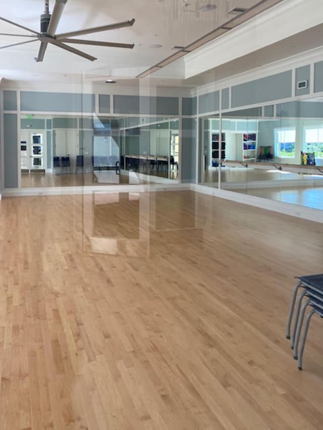 interior space featuring light hardwood / wood-style flooring, ceiling fan, and crown molding