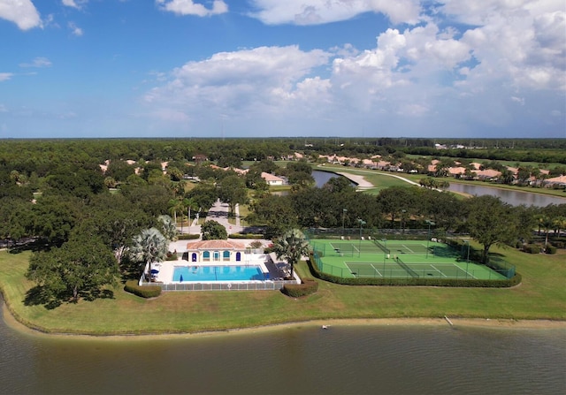 drone / aerial view with a water view