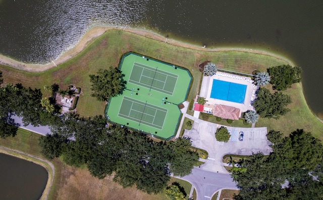 drone / aerial view featuring a water view