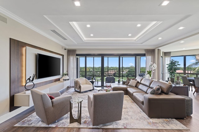 living room featuring ornamental molding, wood-type flooring, and a raised ceiling