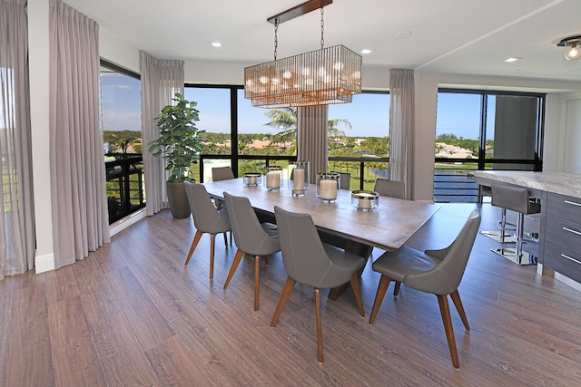 dining area with dark hardwood / wood-style flooring, a chandelier, and plenty of natural light