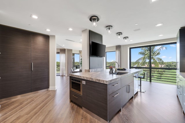 kitchen featuring an island with sink, sink, light wood-type flooring, and a wealth of natural light