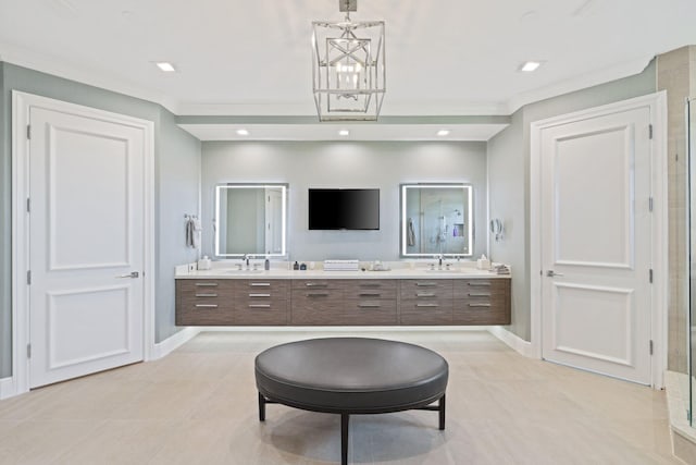 bathroom with vanity, a chandelier, a shower with shower door, and tile patterned flooring