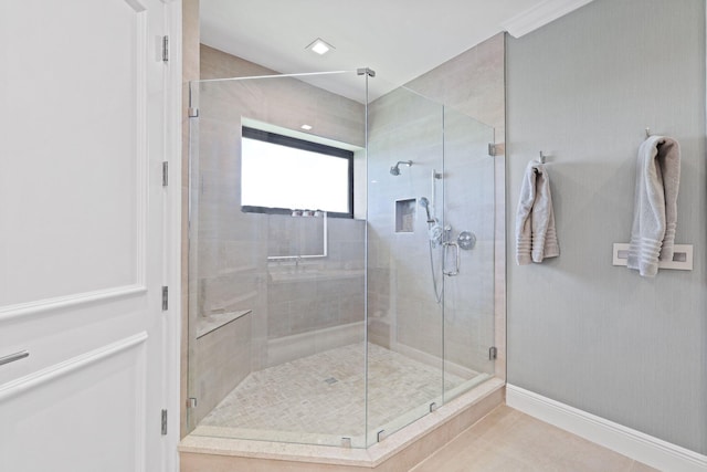 bathroom featuring tile patterned flooring and walk in shower