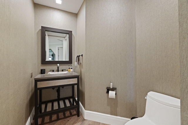 bathroom featuring sink, wood-type flooring, and toilet