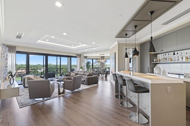 living room featuring dark wood-type flooring, ornamental molding, a tray ceiling, and bar area