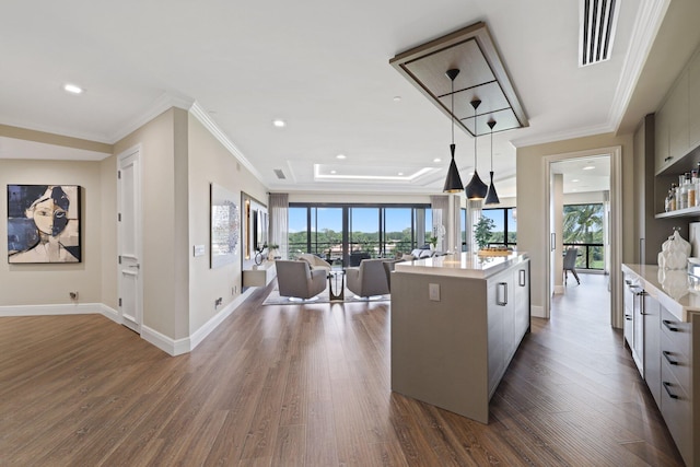 kitchen featuring dark wood-type flooring, hanging light fixtures, ornamental molding, and a kitchen island with sink