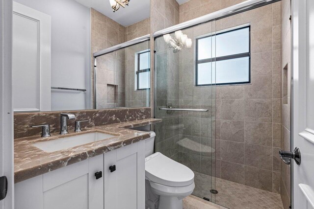 bathroom with vanity, toilet, and a shower with shower door