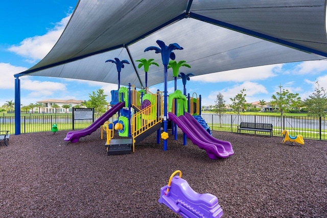 view of play area featuring a water view