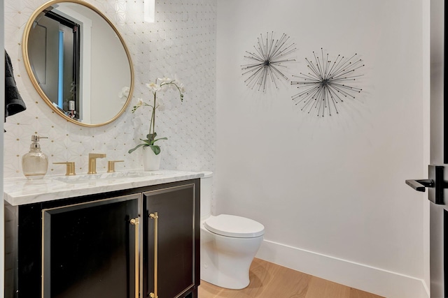 bathroom featuring toilet, vanity, and wood-type flooring